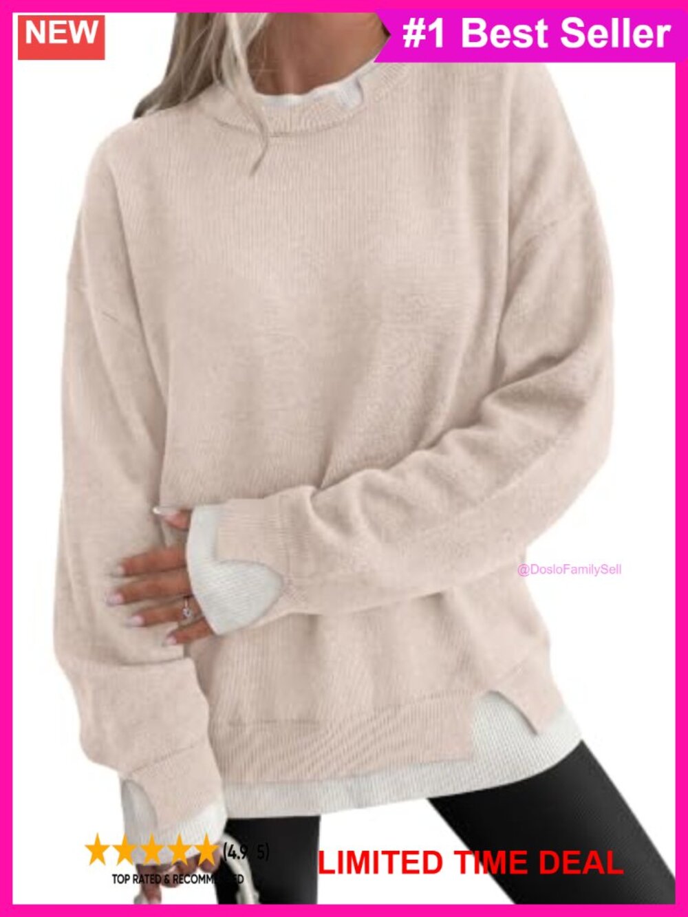 Women's Ribbed Knit Oversized Pullover Sweater Contrast Trim Long Sleeve